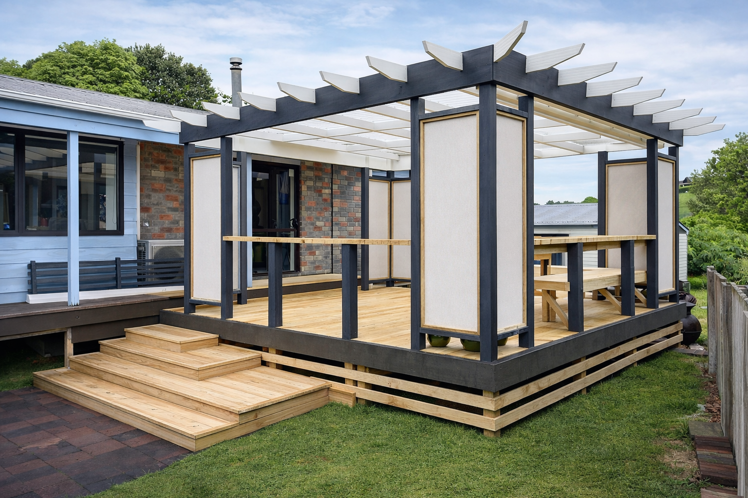 Outdoor room Pergola pine deck 130mm stained ornate 